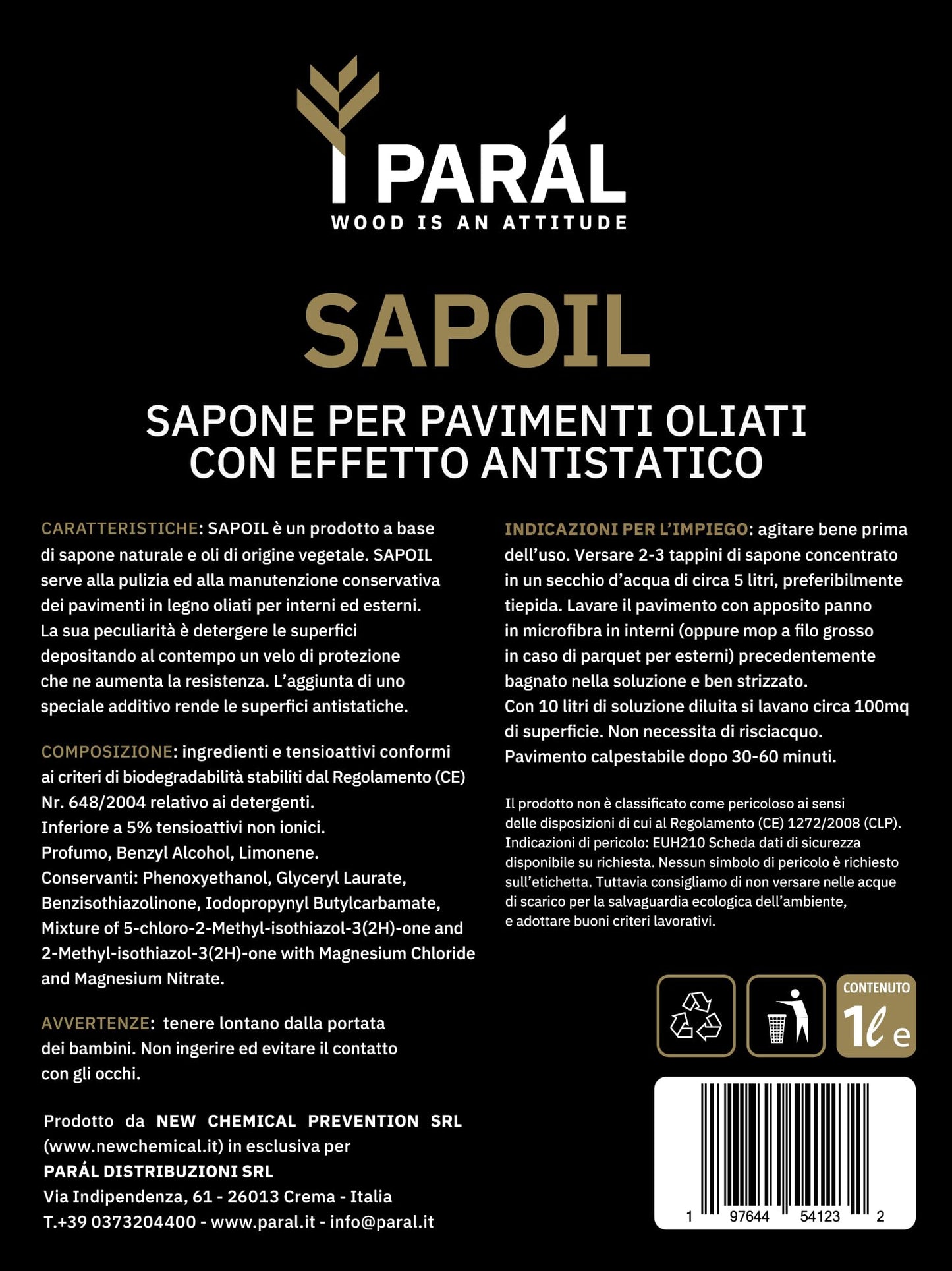SAPOIL PARÁL (venduto in 2 confezioni da 1Lt) - Detergente professionale Parquet Oliato