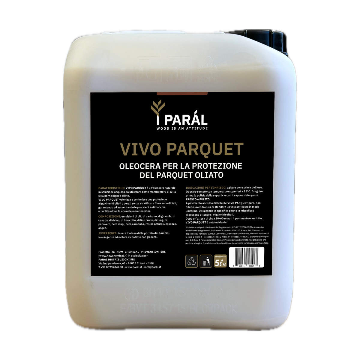 Vivo Parquet PARÁL da 5 litri: oleocera per la protezione del parquet oliato, tanica con tappo a vite vista di fronte