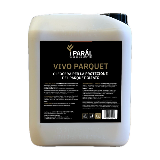 Vivo Parquet PARÁL da 5 litri: oleocera per la protezione del parquet oliato, tanica con tappo a vite vista di fronte